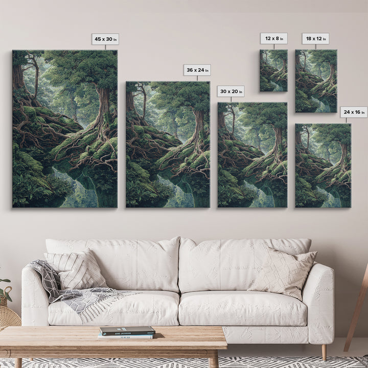 Ancient Forest Roots Wall Art, Mossy Green River Gorge, Mystical Nature Scene Art, Statement Wall Decor, Unique Canvas Print