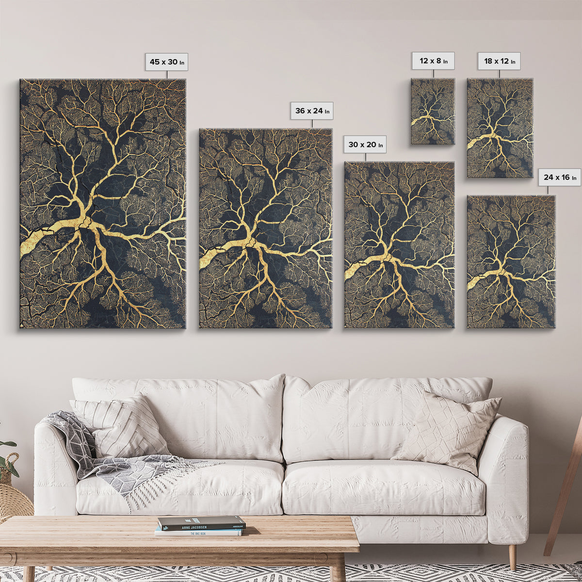 Black And Gold Branching Tree Wall Art, Abstract Root Network, Earth Tone Wall Decor, Luxury Art Print, Modern Canvas Art