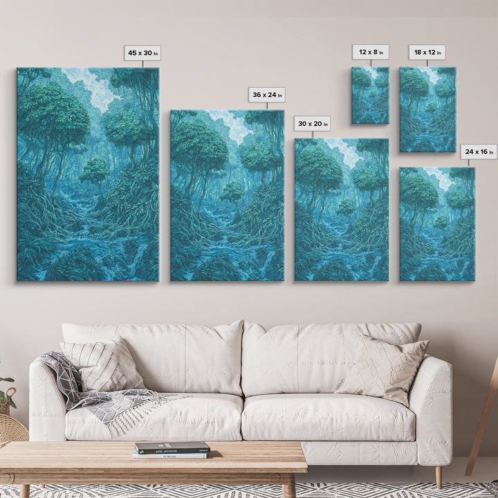Blue Mystical Rainforest Stream Framed Canvas Print, Dreamy Jungle Wall Art, Teal Nature Scene, Spiritual Wall Decor Gift