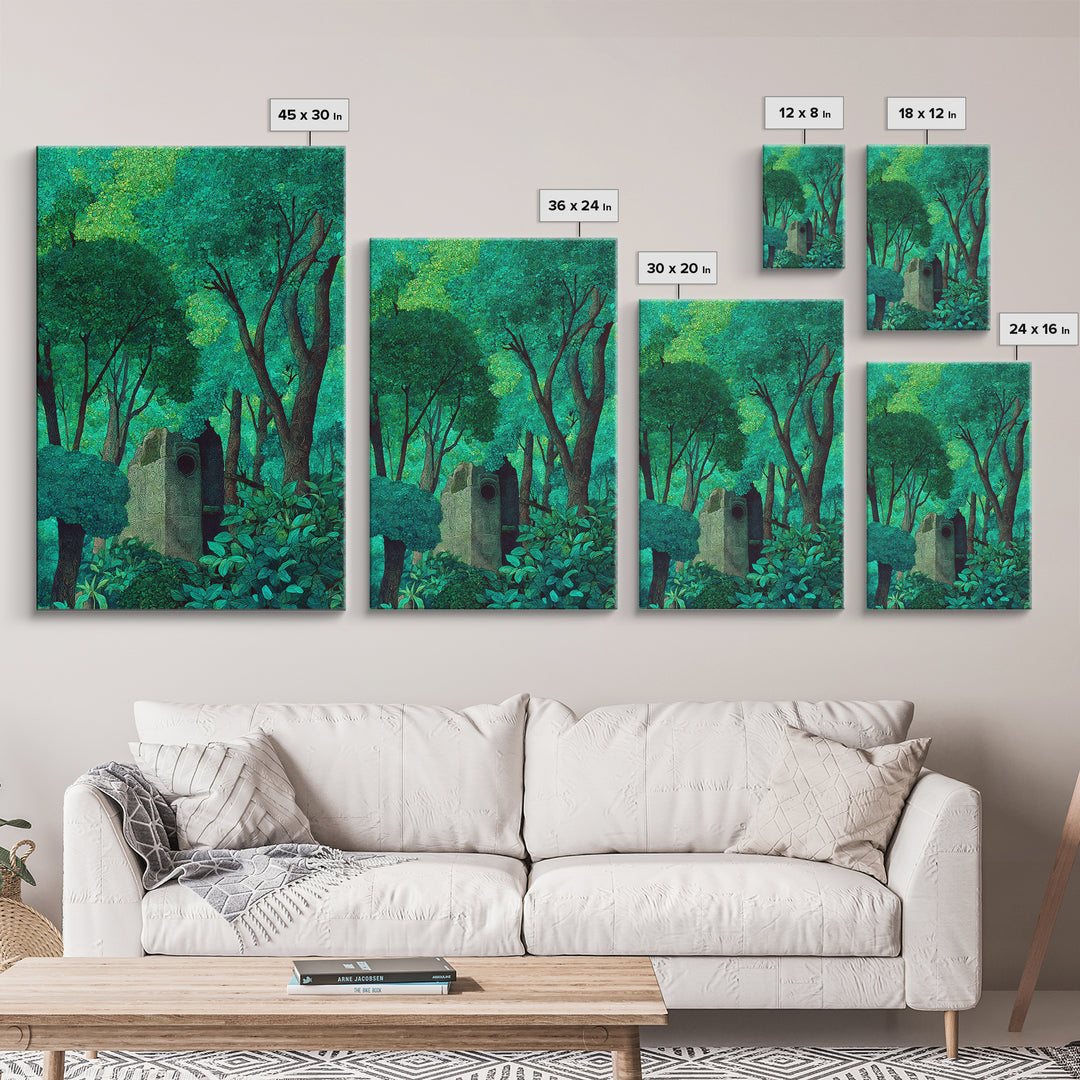 Emerald Forest Shrine With Ancient Stone Door Wall Art, Mystical Jungle Decor, Nature Scene Art, Teal Green Home Decor Gift