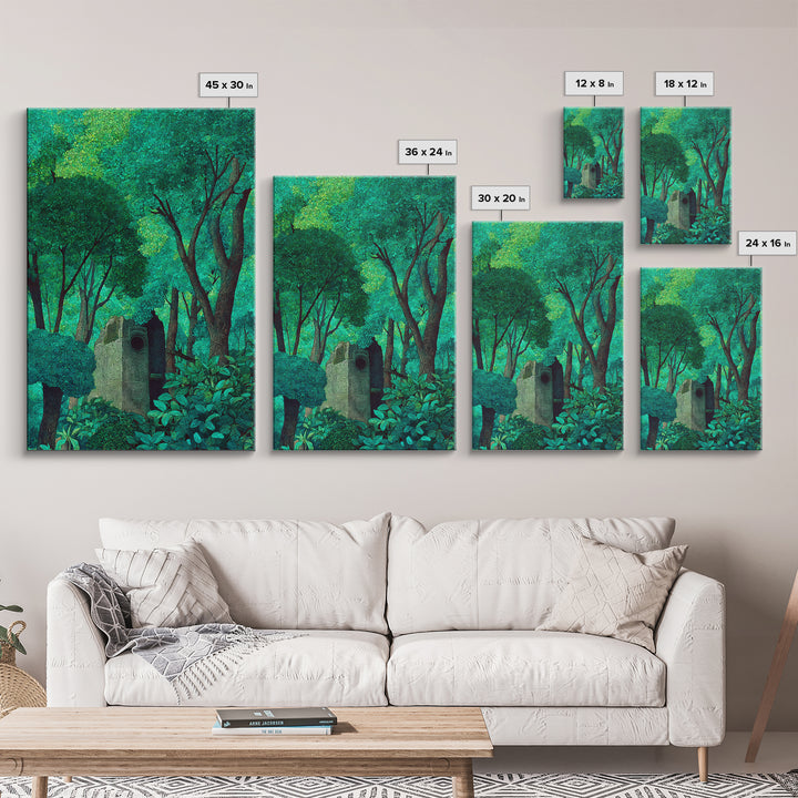 Emerald Forest Shrine With Ancient Stone Door Wall Art, Mystical Jungle Decor, Nature Scene Art, Teal Green Home Decor Gift