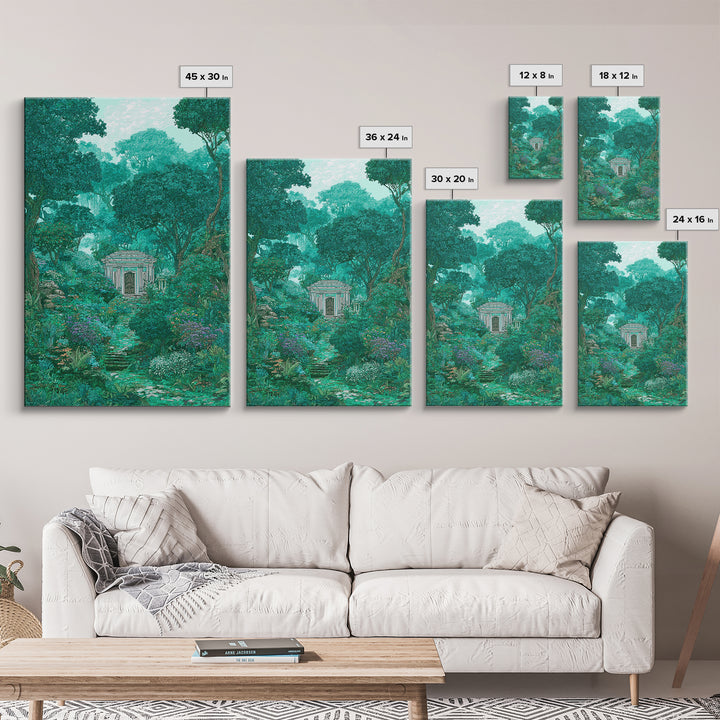 Hidden Garden Temple Path Canvas Print, Emerald Forest Landscape, Dreamy Nature Wall Decor, Botanical Living Room Art Gift