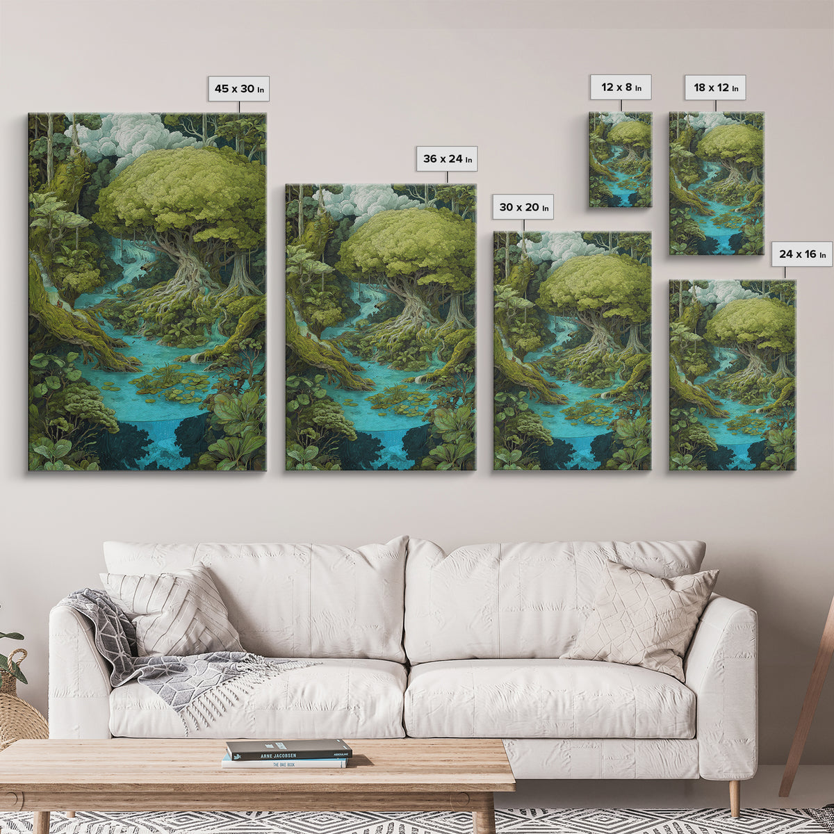 Ancient Banyan Over Turquoise River Painting Canvas Print, Fantasy Jungle Decor, Green Nature Wall Art, Unique Home Decor Gift