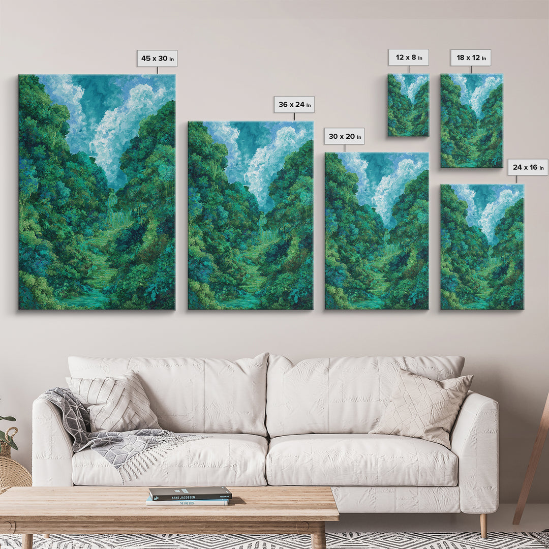 Turquoise Rainforest Valley With Waterfall Canvas Print, Lush Green Landscape, Nature Scene Art, Modern Wall Decor Art Gift