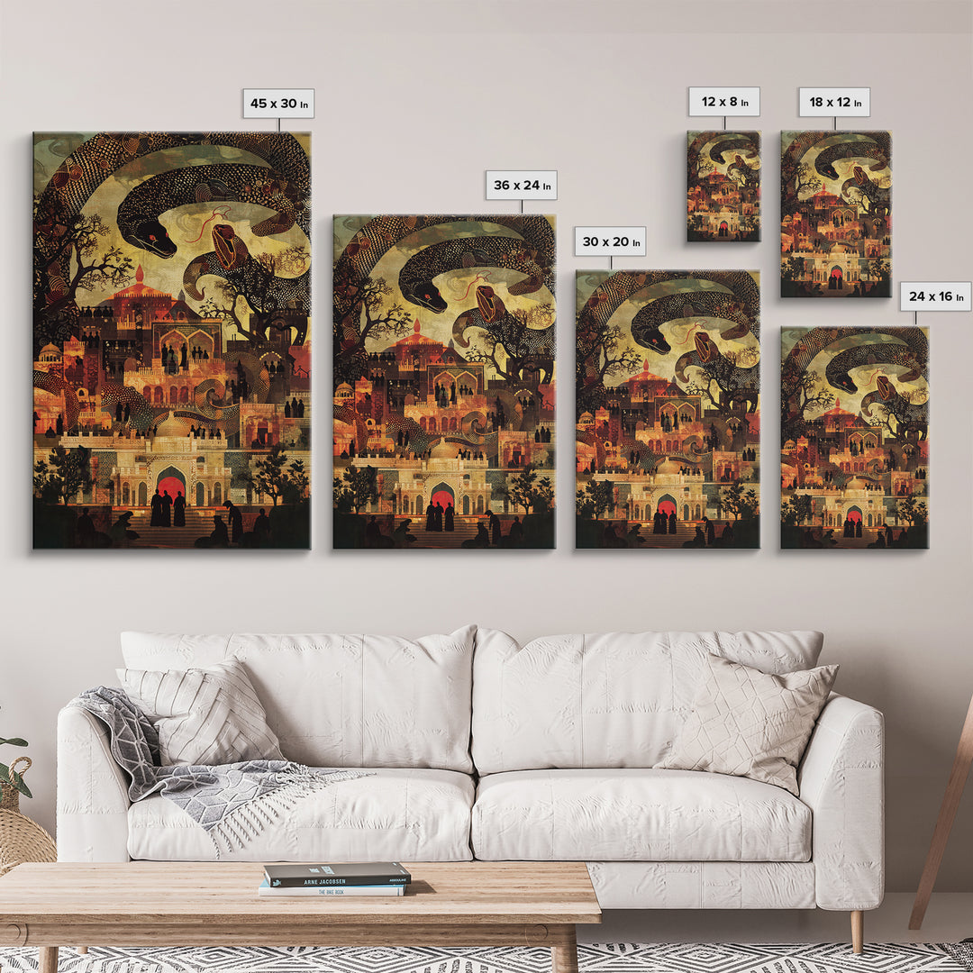 Enchanted Palace With Giant Serpent Wall Art, Mystical Travel Decor, Indian Decor, Fantasy City Canvas Style Art Print Gift