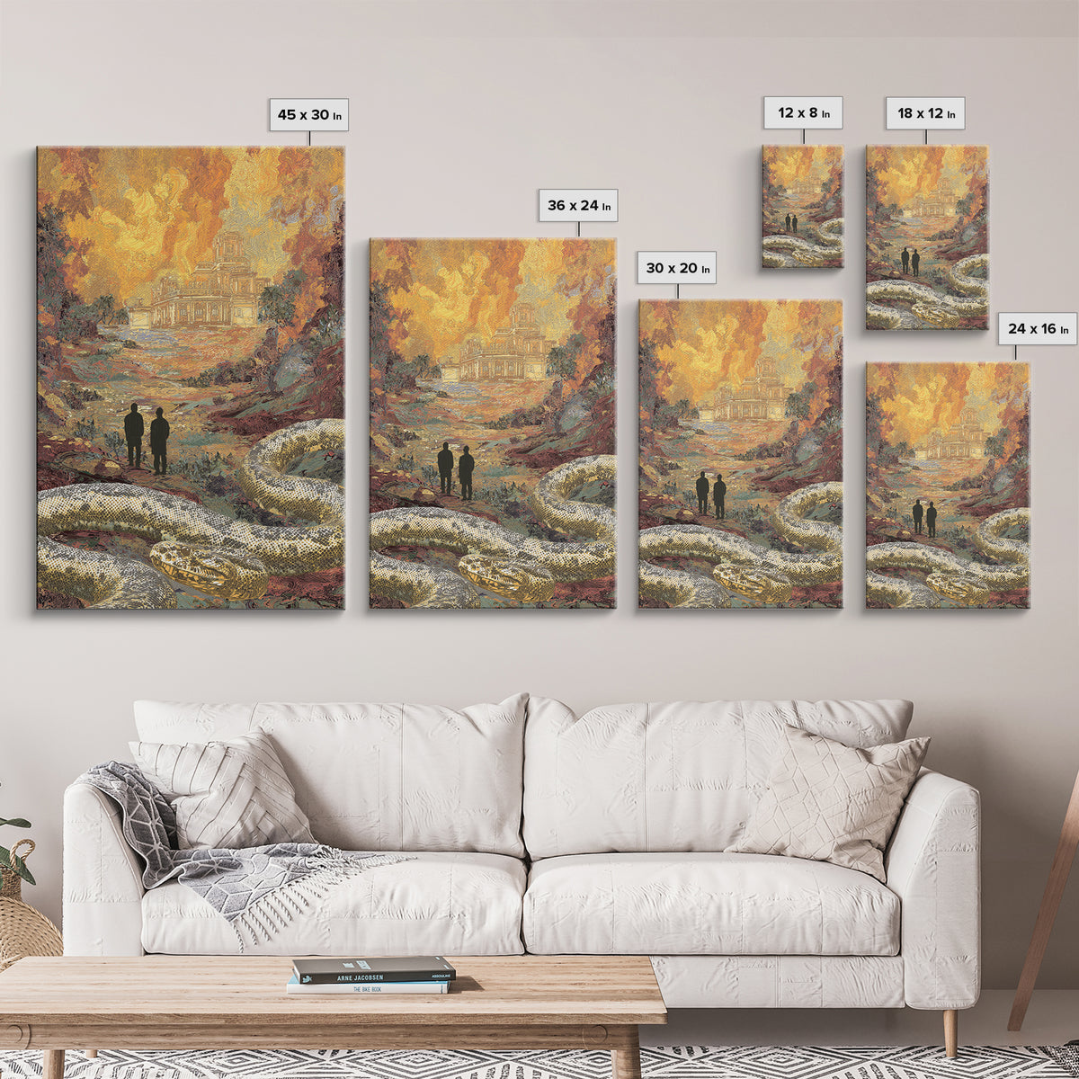 Golden Ruins With Giant Serpent Canvas Print, Surreal Fantasy Landscape Wall Art, Burnt Orange Art, Statement Home Decor Gift