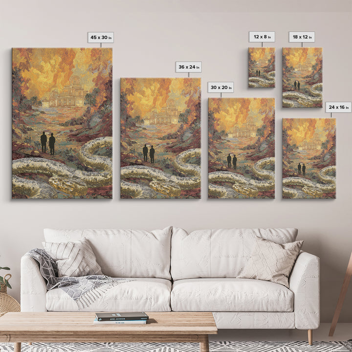 Golden Ruins With Giant Serpent Canvas Print, Surreal Fantasy Landscape Wall Art, Burnt Orange Art, Statement Home Decor Gift