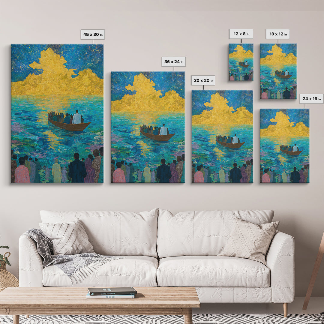 Boat Crossing Turquoise Water To Golden Clouds Wall Art, African Landscape Canvas Print, Spiritual Travel Decor Gift For Home