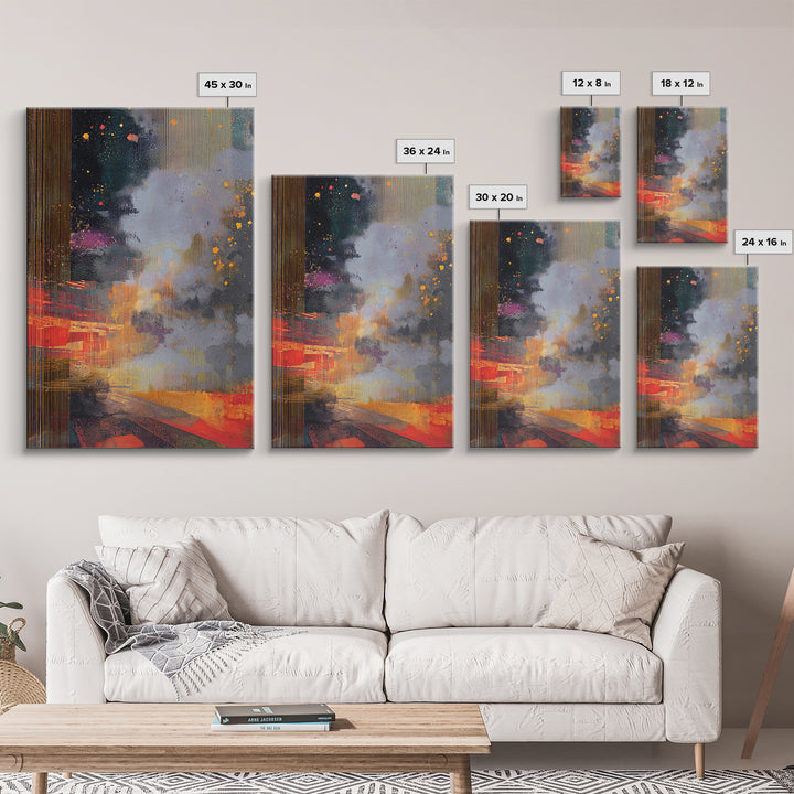 Abstract Gold Rain City Cosmos Wall Art, Modern African Inspired Canvas Print, Bold Red Orange Office Decor For Living Room
