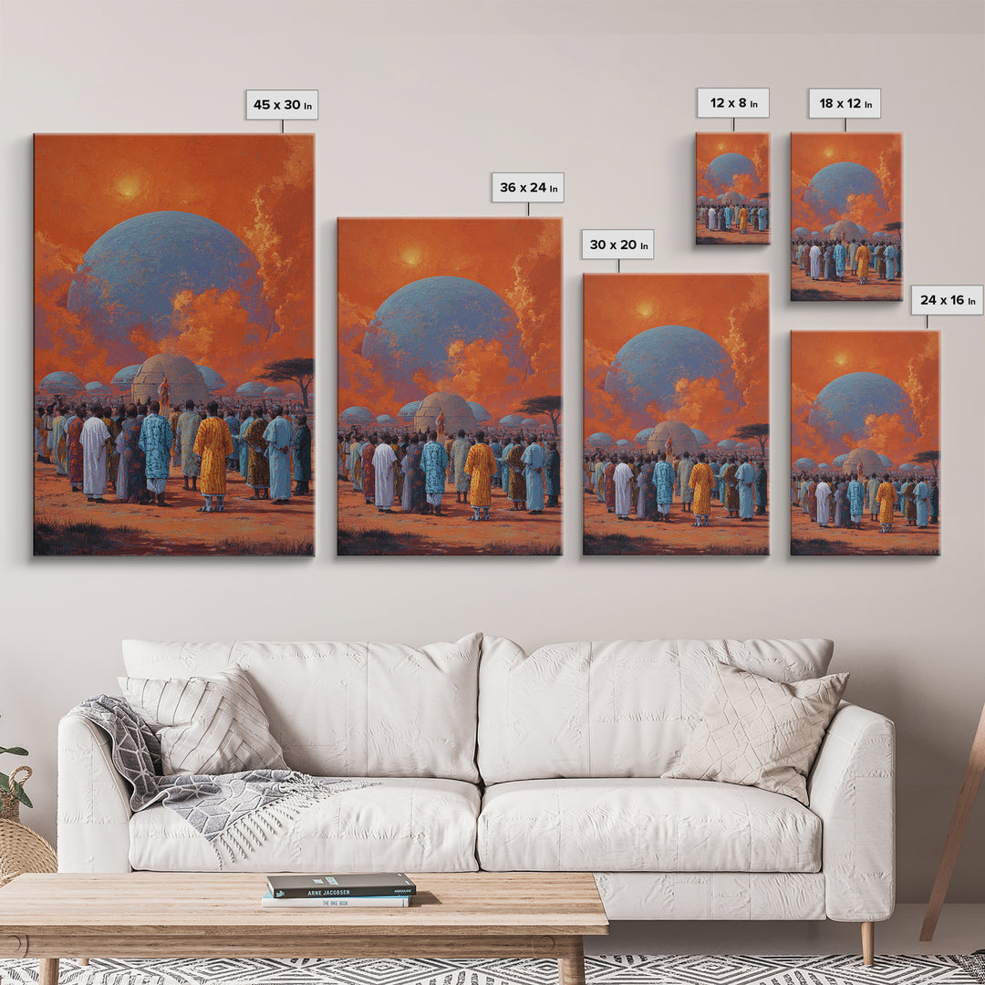 Afrofuturist Gathering Beneath Blue Planet Wall Art, African Culture Canvas Print, Orange Sky Village Home Decor Gift For Her