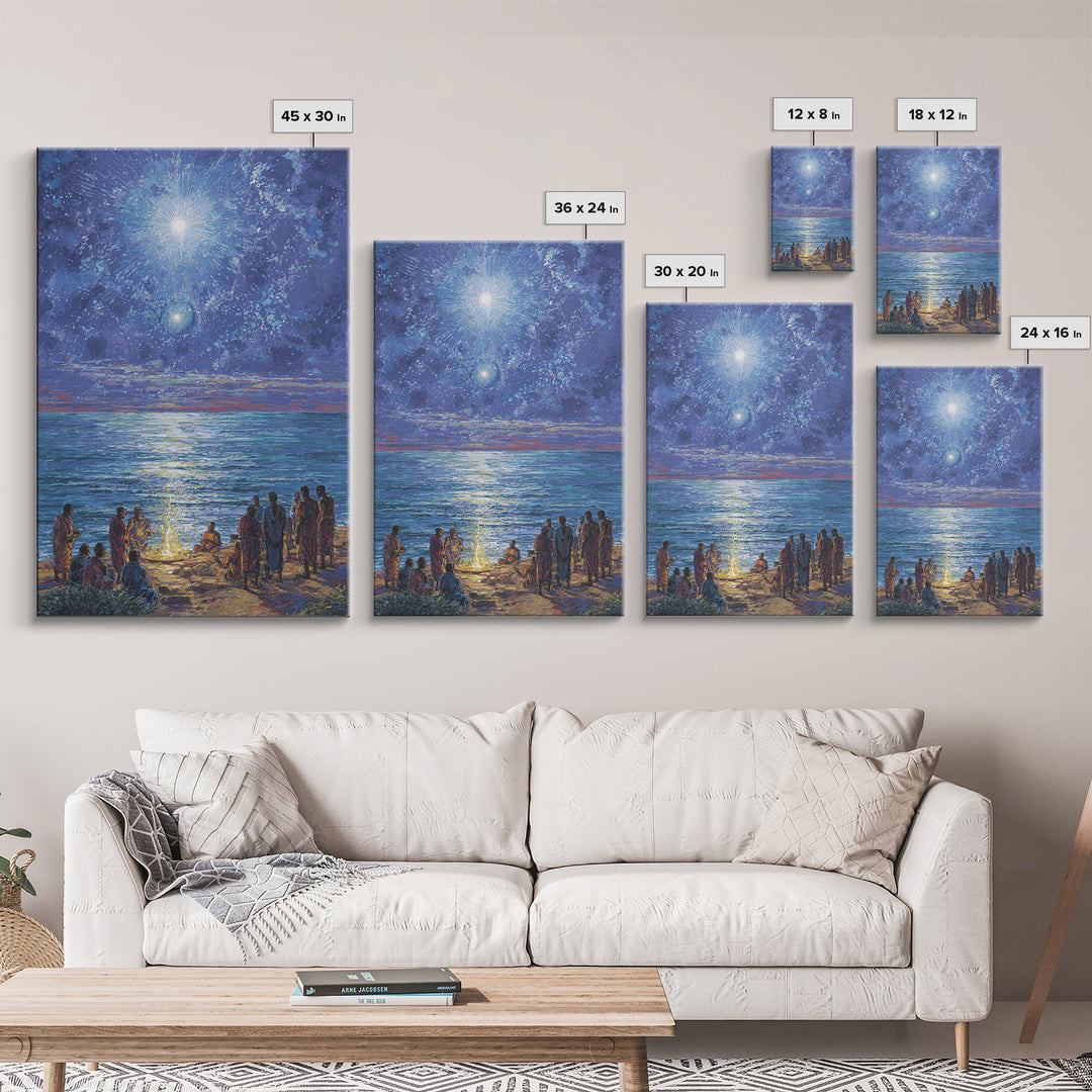 Moonlit Ocean Gathering At Shore Wall Art, African People Canvas Print, Blue Spiritual Nature Scene Decor For Living Room