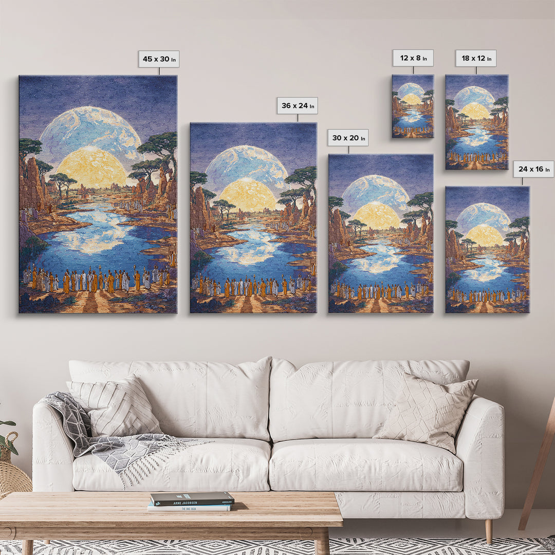 Sacred River Valley With Twin Moons Wall Art, African Landscape Canvas Print, Safari Inspired Cultural Home Decor Gift For Him