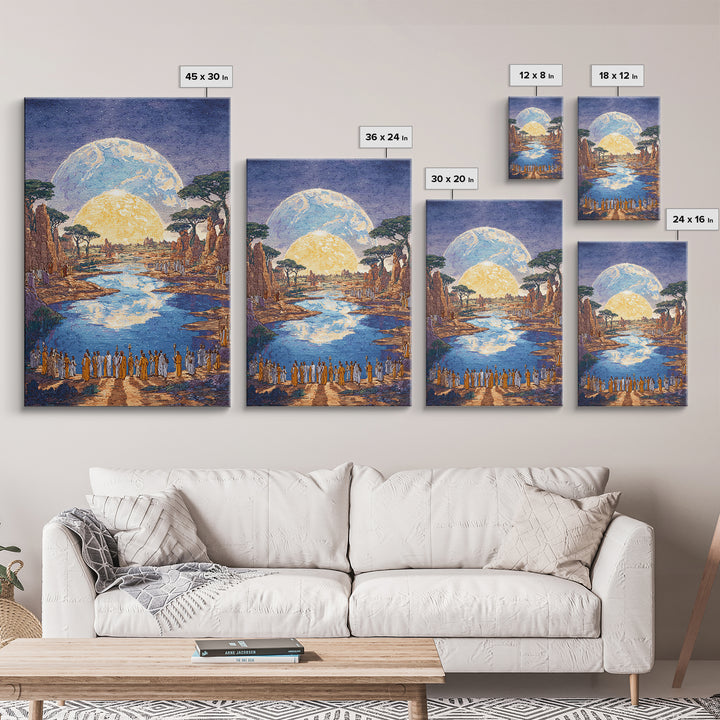 Sacred River Valley With Twin Moons Wall Art, African Landscape Canvas Print, Safari Inspired Cultural Home Decor Gift For Him
