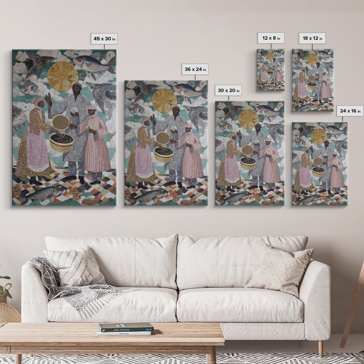 Surreal Fish Sky Ceremony With Family Wall Art, African Culture Canvas Print, Whimsical Kitchen Decor And Unique Gift For Home