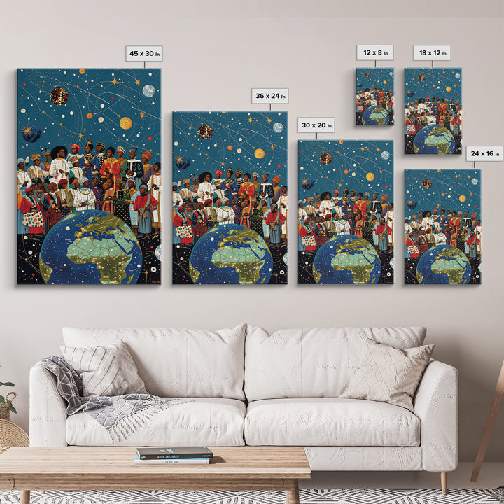 African Diaspora Under Celestial Orbits Wall Art, Afrocentric Canvas Print, Black Culture Artwork And Earth Map Decor Gift