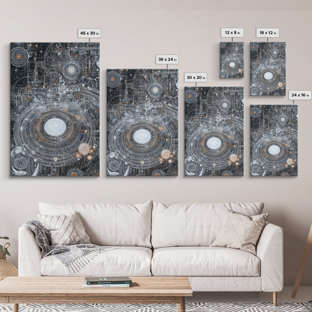 Futuristic Cosmic Circuit Mandala Canvas Print, Abstract Wall Art, Modern Office Decor, Geometric Sci Fi Galaxy Blueprint Digital Art