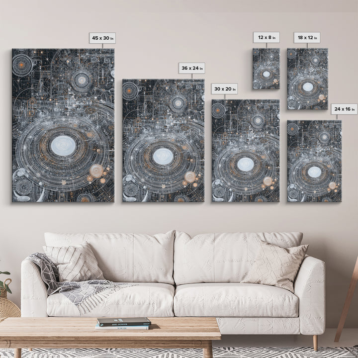 Futuristic Cosmic Circuit Mandala Canvas Print, Abstract Wall Art, Modern Office Decor, Geometric Sci Fi Galaxy Blueprint Digital Art