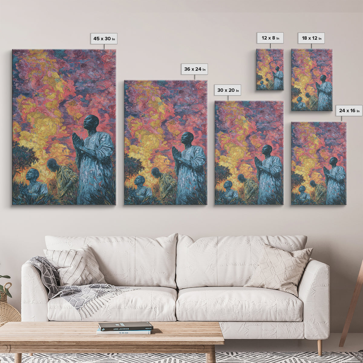 Praying African Men Beneath Fiery Sky Framed Canvas Print, Spiritual Wall Art, Black Culture Art, Meaningful Home Decor Gift