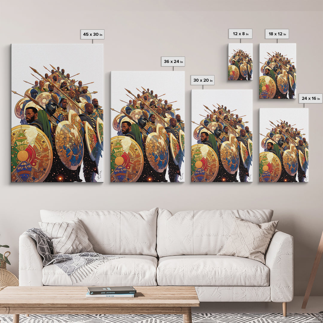 Regal African Warriors With Shields And Spears Canvas Print, African Warrior Art, Tribal Queen Art, Bold Cultural Wall Decor