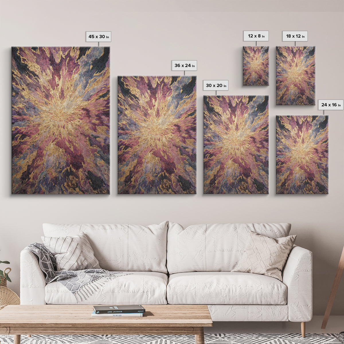 Exploding Abstract Starburst In Gold Plum And Blue Wall Art, Textured Art Print, Modern Canvas Art, Statement Home Decor