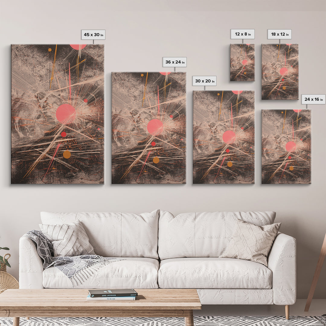 Coral Circles And Fine Lines Abstract Canvas Print, Geometric Wall Art, Modern Office Decor, Minimalist Black Art Gift For Her