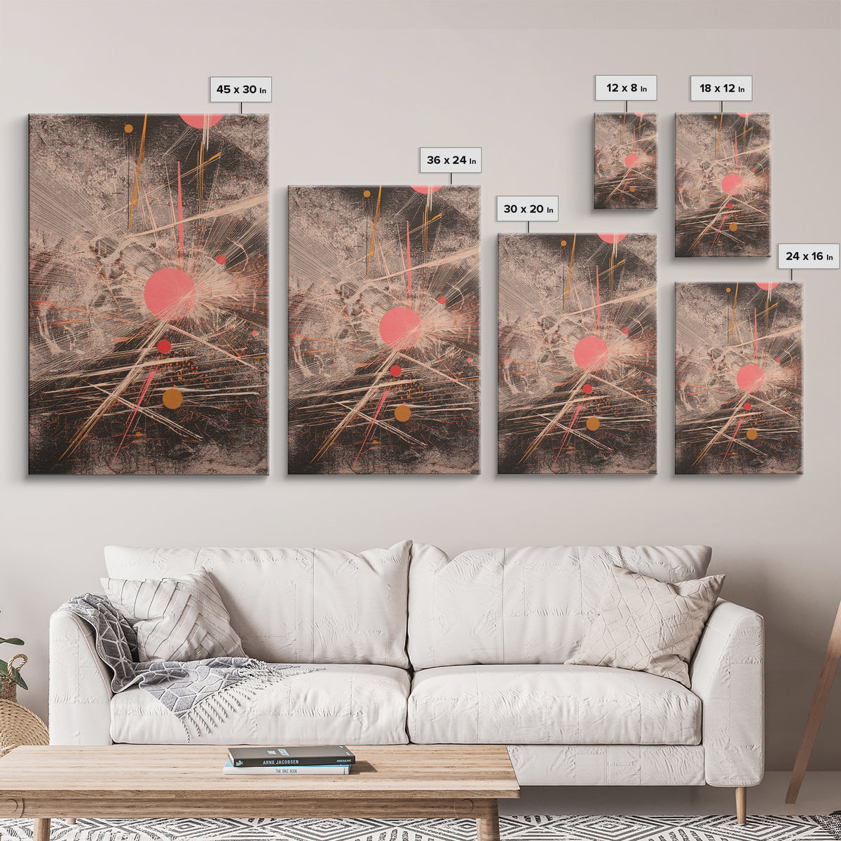 Coral Circles And Fine Lines Abstract Canvas Print, Geometric Wall Art, Modern Office Decor, Minimalist Black Art Gift For Her