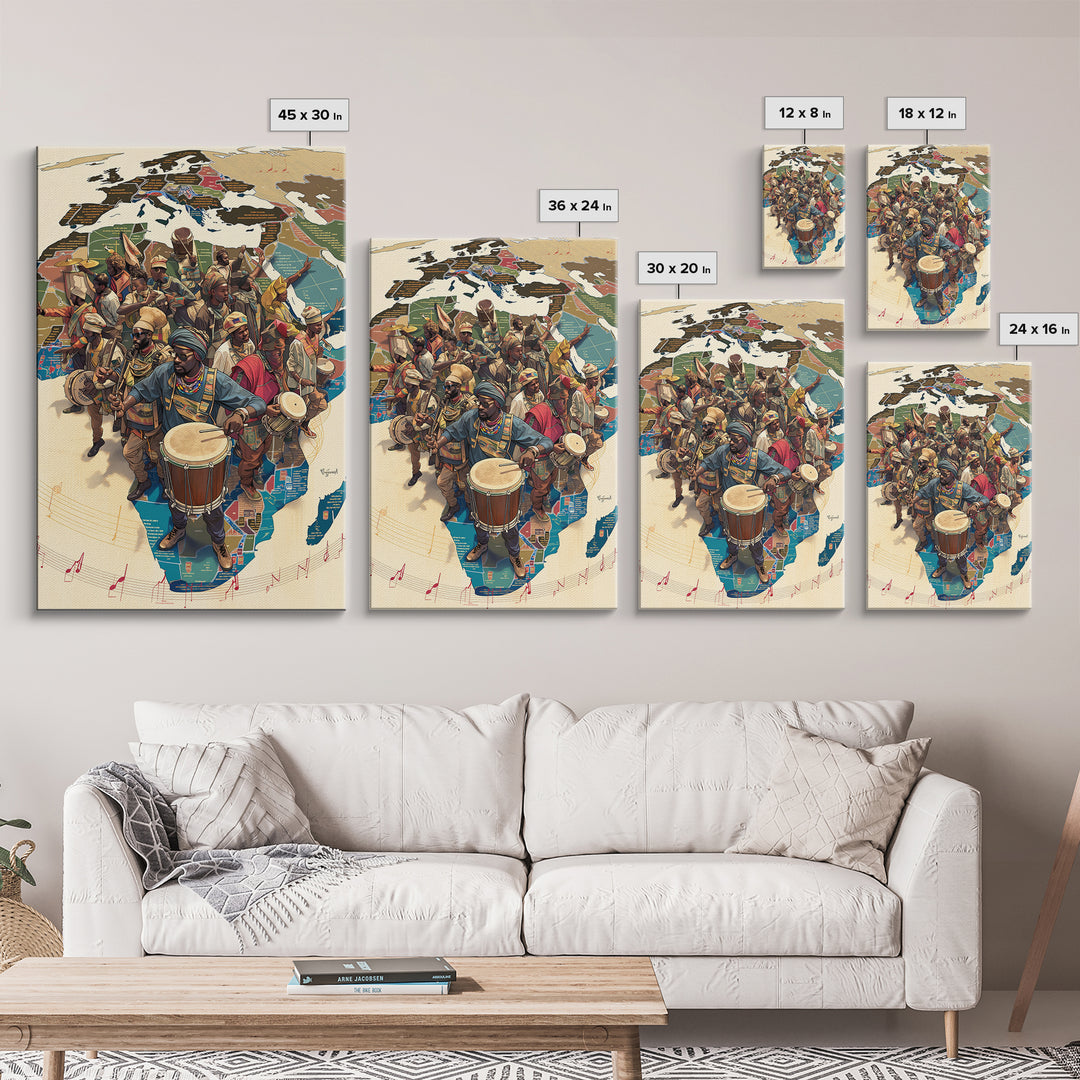 African Musicians Over Motherland Map Framed Canvas Print, African Culture Art, Afrocentric Wall Art, Vibrant Home Decor