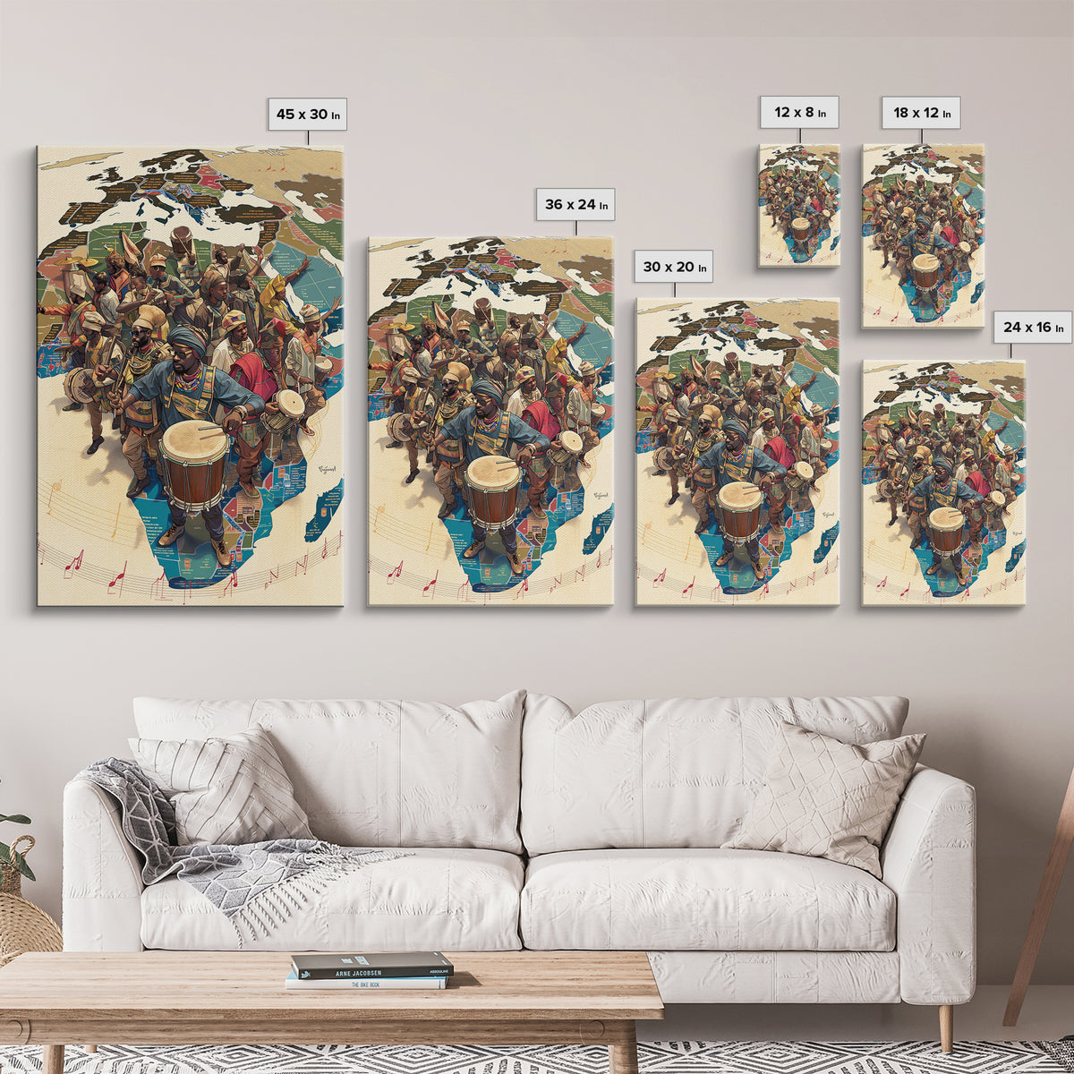African Musicians Over Motherland Map Framed Canvas Print, African Culture Art, Afrocentric Wall Art, Vibrant Home Decor