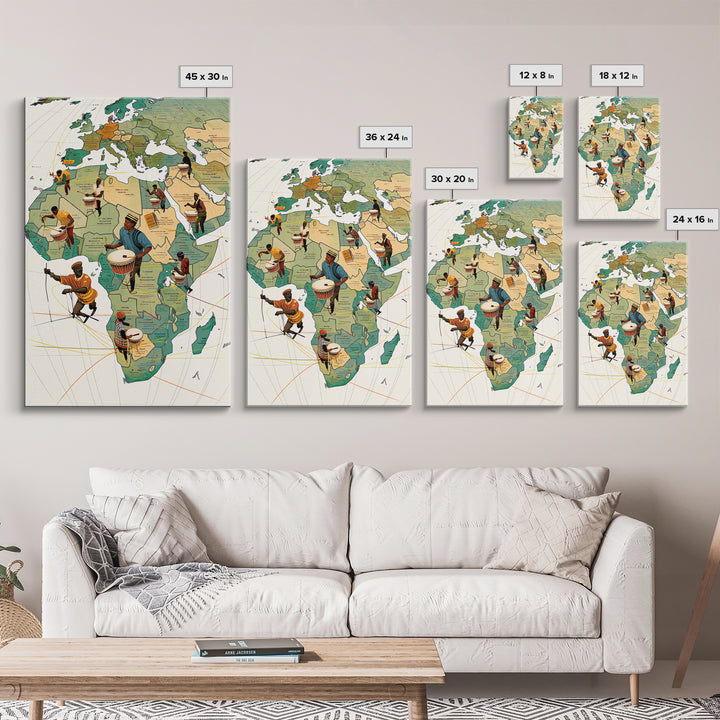 Drummers Across Africa And Europe Map Canvas Print, African Art Prints, Cultural Home Decor, Music Inspired Wall Decor Gift