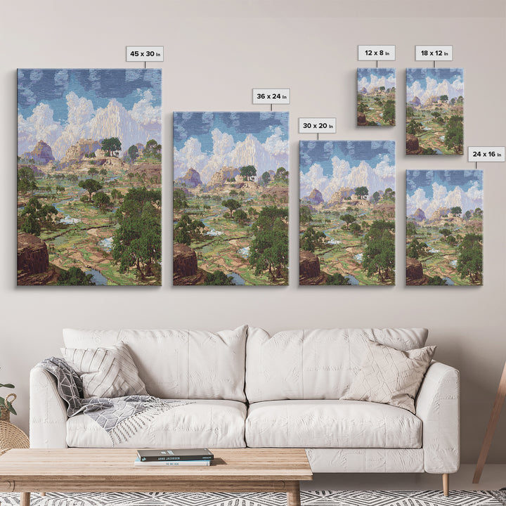 Ancient African Valley With River And Mountains Wall Art, Serengeti Landscape Print, Nature Scene Home Decor, Dreamy Canvas