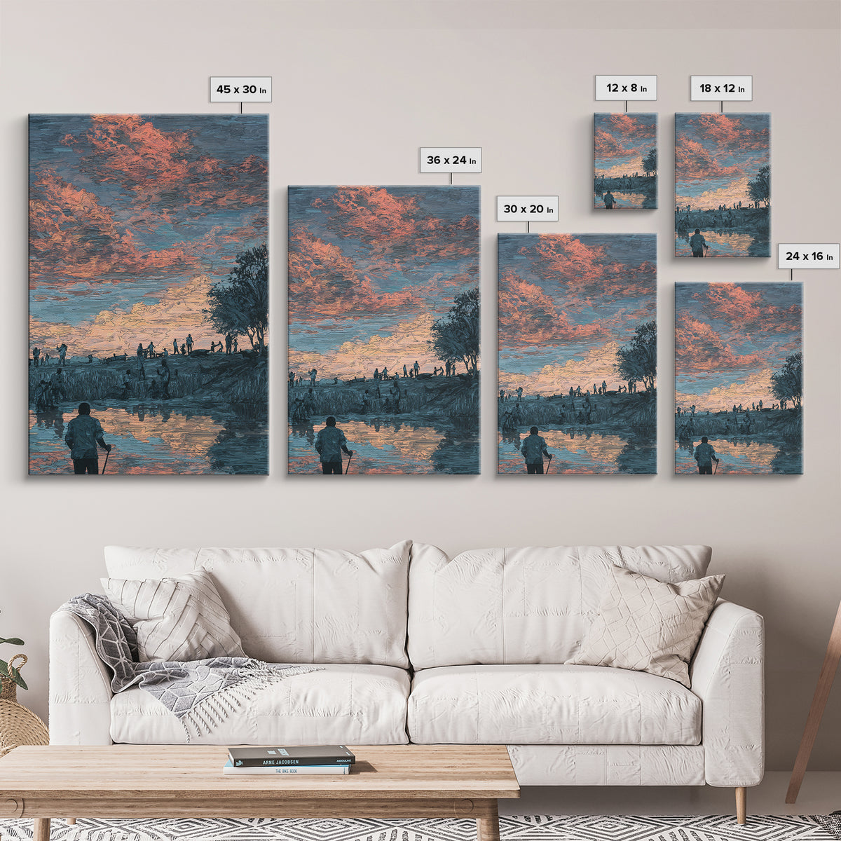 Pastoral African Sunset River Scene Canvas Print, Nature Wall Decor, Cultural Landscape Art, Earth Tone Living Room Decor