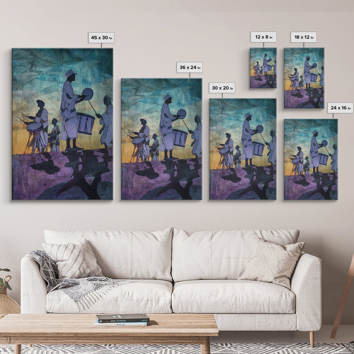 Silhouetted African Drummers At Twilight Framed Canvas Print, Afrocentric Wall Decor, Cultural Music Art, Tribal Home Decor