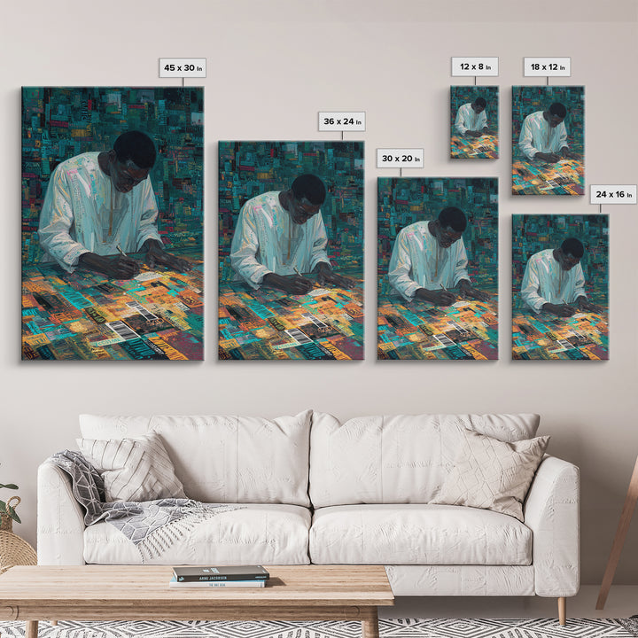 Focused Writer At Colorful Desk Framed Canvas Print, Black Man Wall Art, African American Art, Office Decor, Creative Gift