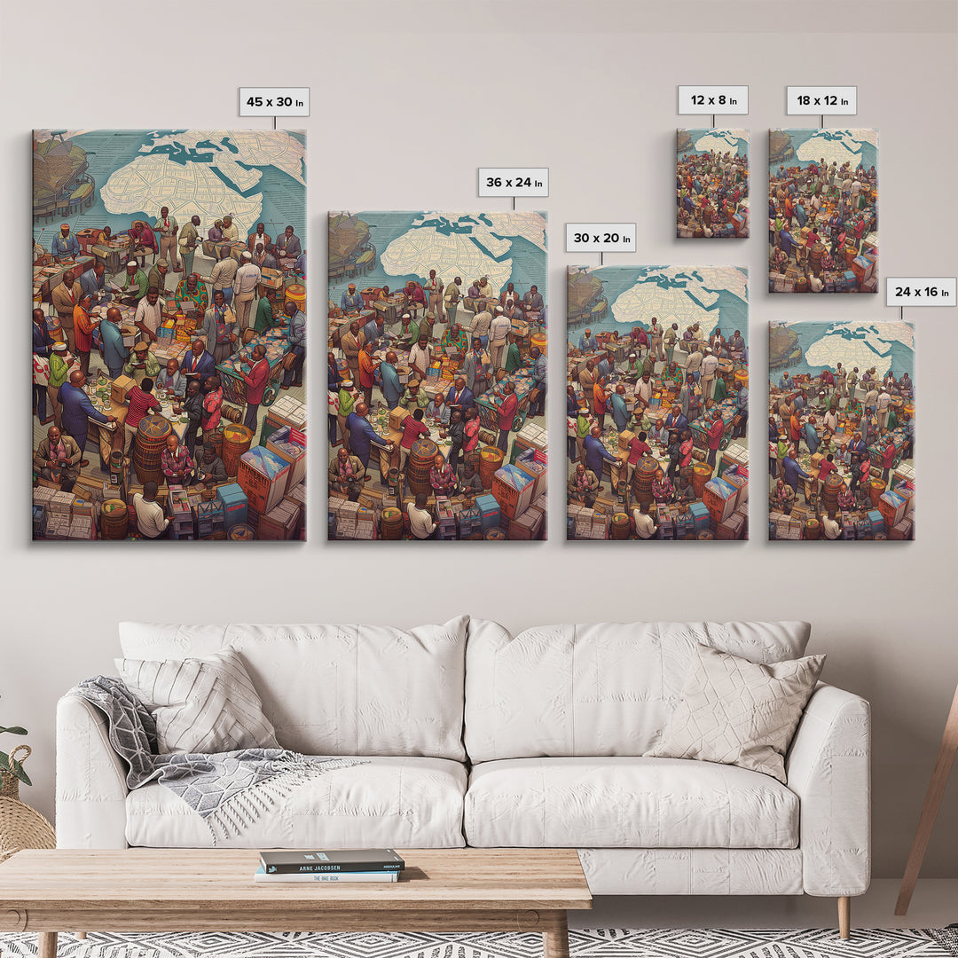 Busy African Market Scene With Map Wall Art, African Culture Art, West African Art, Black People Art, Living Room Decor, Gift