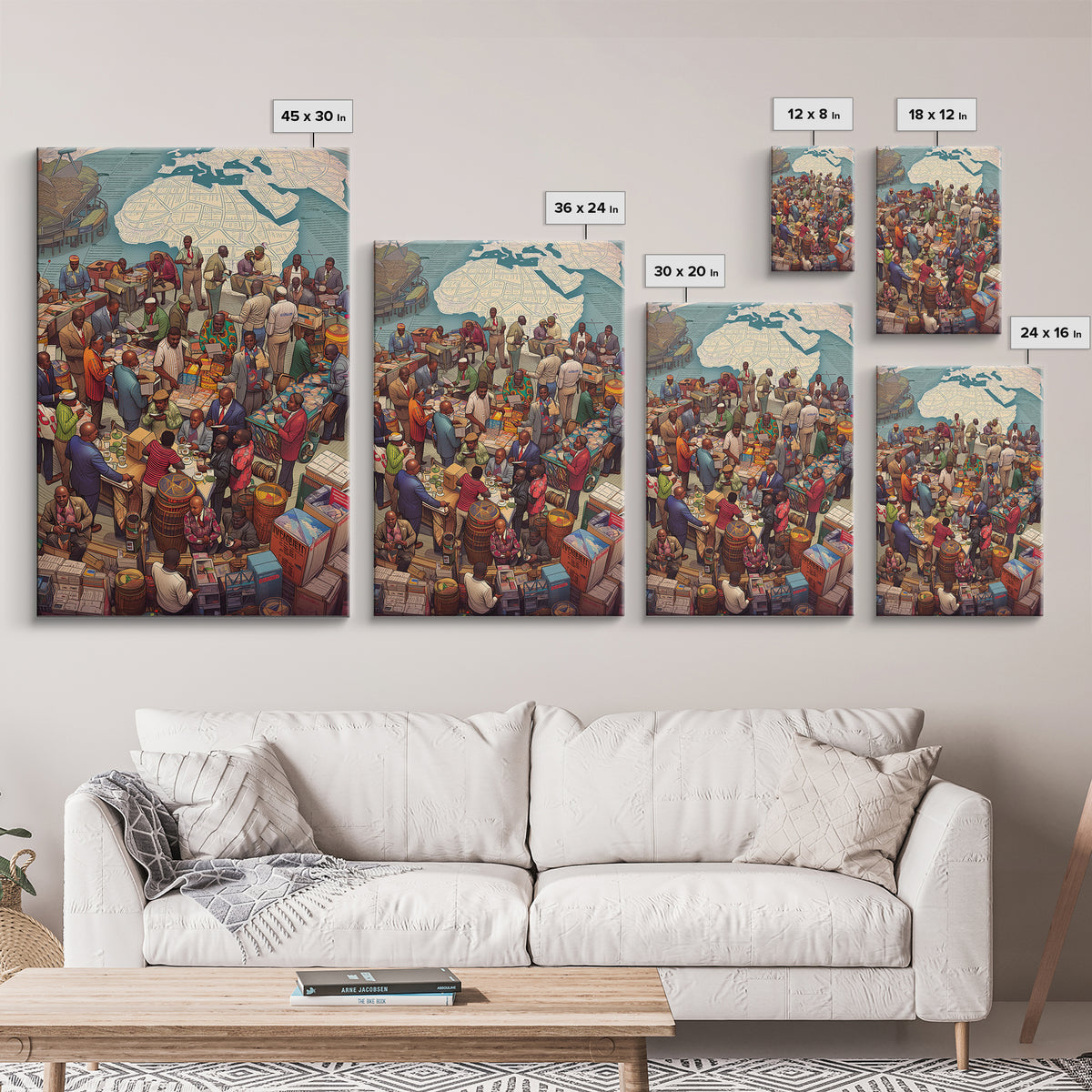 Busy African Market Scene With Map Wall Art, African Culture Art, West African Art, Black People Art, Living Room Decor, Gift