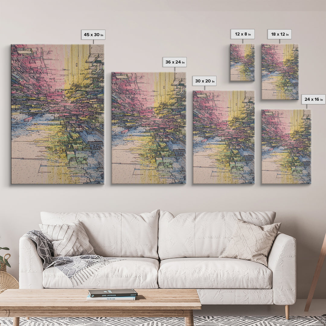 Futuristic Abstract City Canyon Framed Canvas Print, Modern Urban Wall Art, Geometric Architecture, Colorful Office Decor