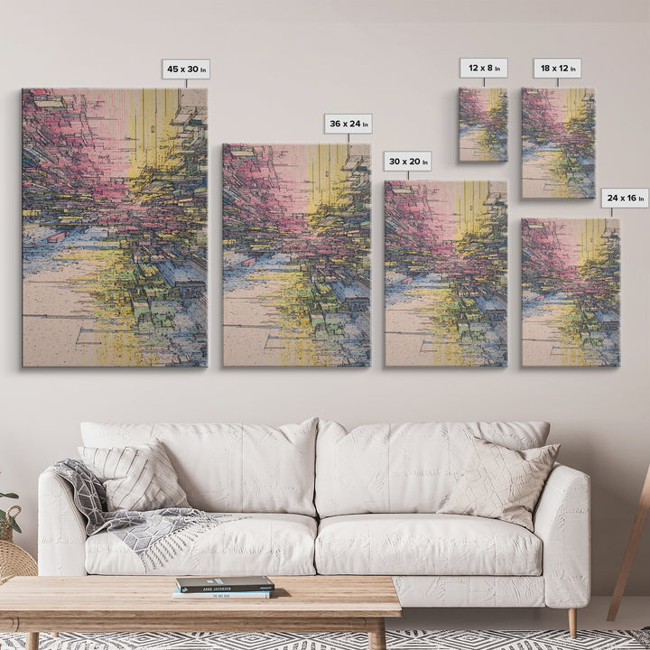 Futuristic Abstract City Canyon Framed Canvas Print, Modern Urban Wall Art, Geometric Architecture, Colorful Office Decor