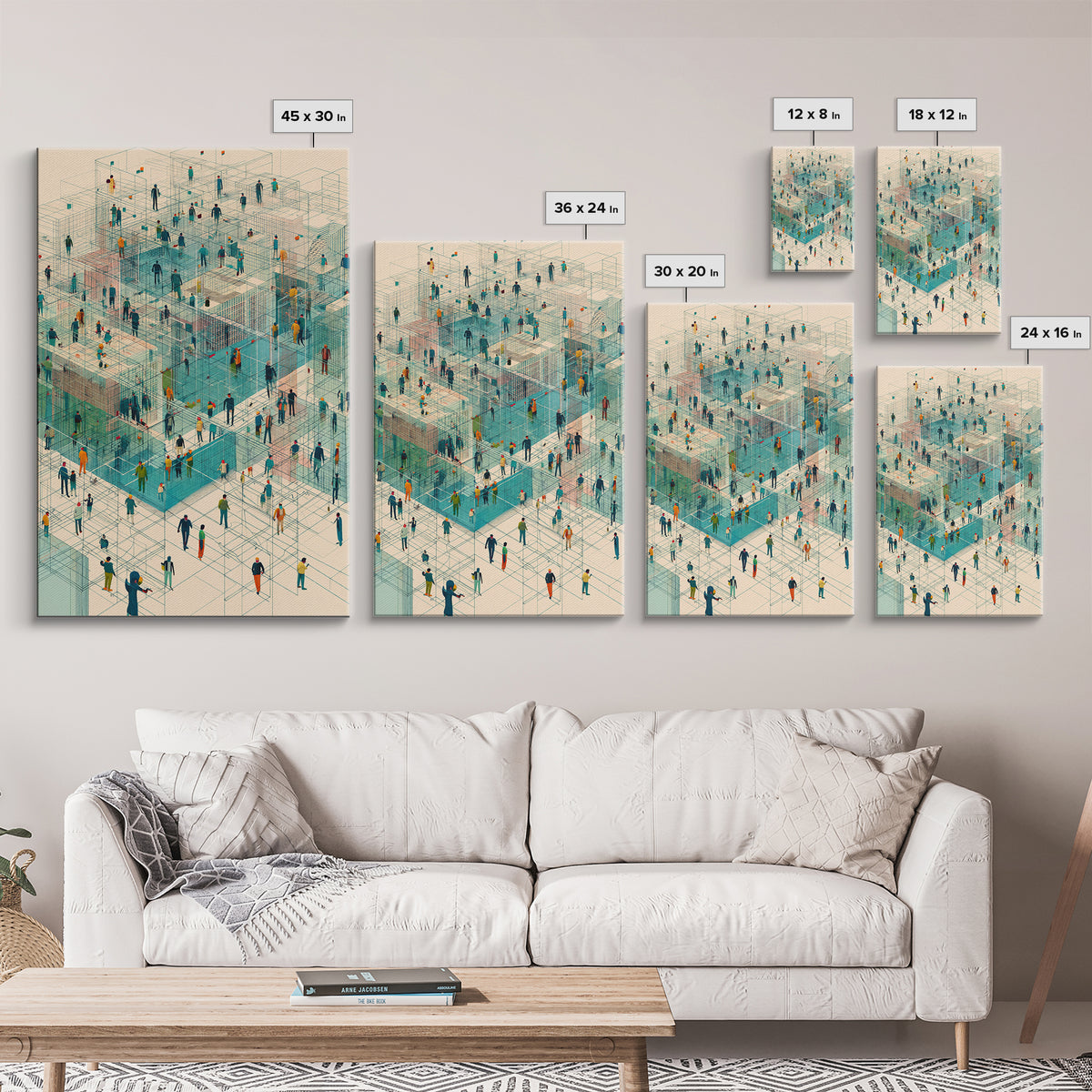 Isometric People In Wireframe City Wall Art, Modern Geometric Canvas Print, Abstract Urban Network, Unique Office Decor, Tech Inspired