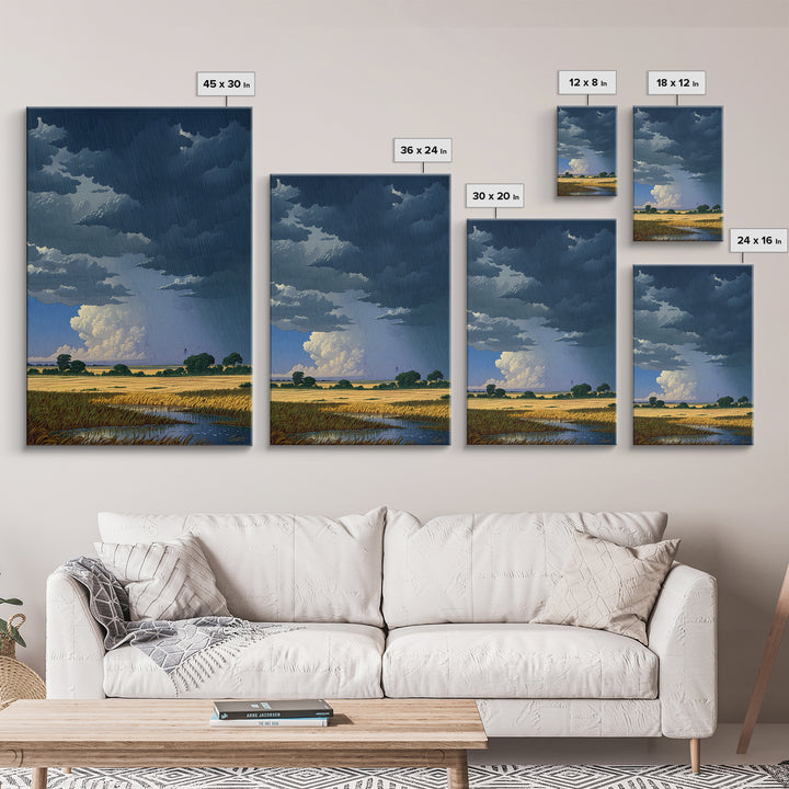 Dark Storm Clouds Over Golden Field Wall Art, African Landscape Canvas Print, Moody Nature Scene, Rustic Living Room Decor