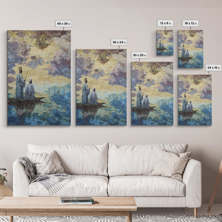 Two Robed Figures On Mystical Water Canvas Print, African Story Wall Art, Dreamy Cultural Landscape, Spiritual Home Decor