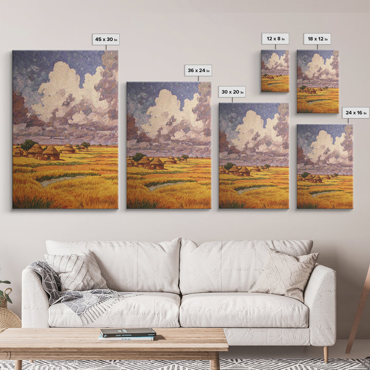 Golden African Village Under Towering Clouds Wall Art, Savannah Landscape, Rustic Home Decor, Afrocentric African Art Print