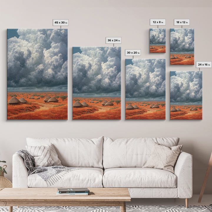 Red African Village Beneath Dramatic Storm Clouds Framed Canvas Print, Safari Landscape Wall Art, Earth Tone Home Decor Gift
