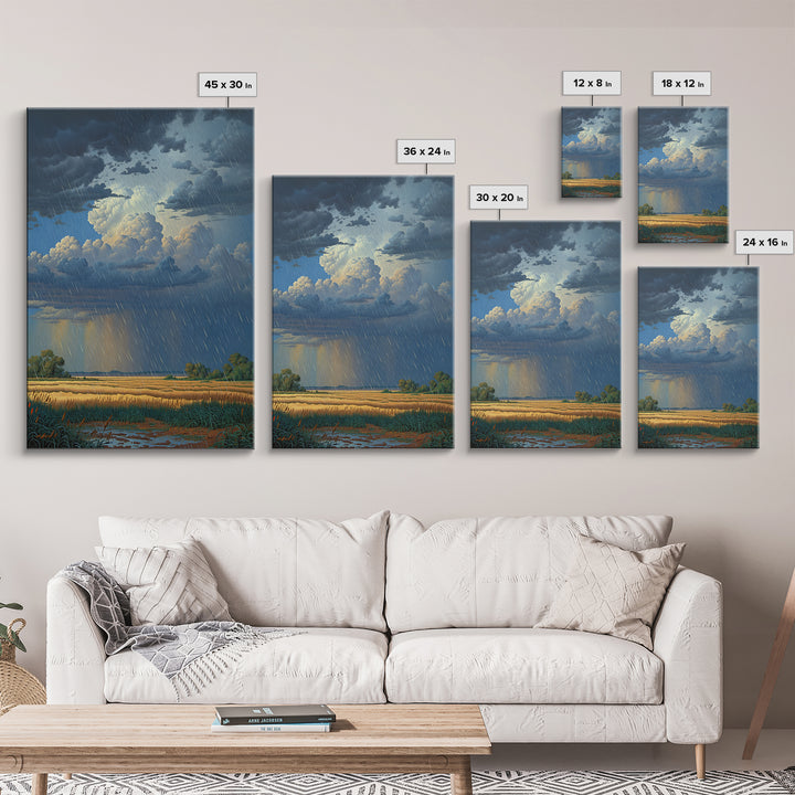 Rain Swept African Plain With Golden Fields Canvas Print, Stormy Landscape Wall Art, Safari Decor, Dramatic Office Art Gift