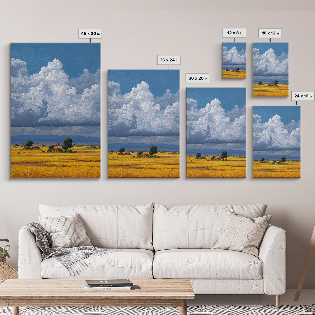 Sunlit African Farmland With Puffy White Clouds Wall Art, Landscape Canvas Print, Rustic Decor, Housewarming Gift For Her