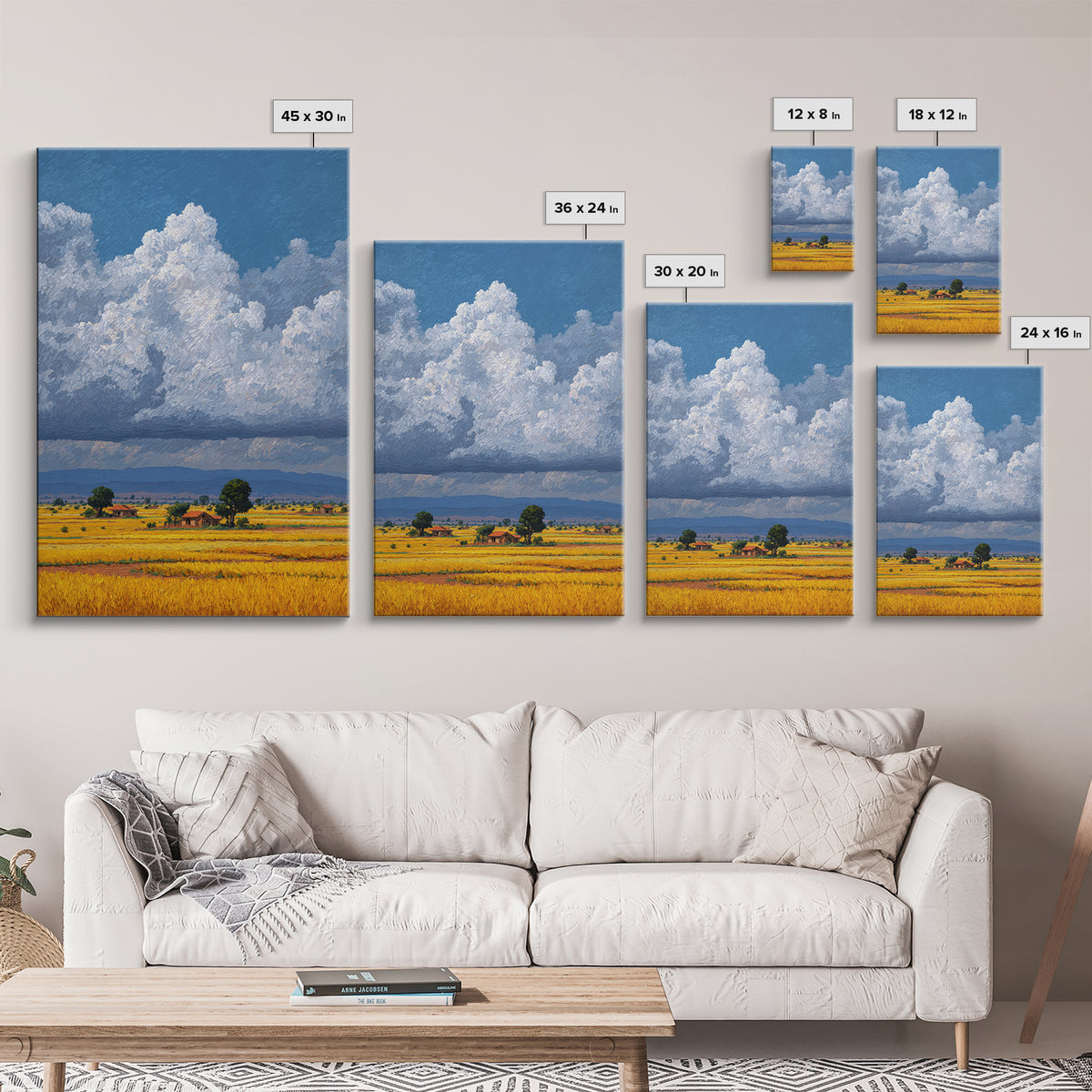 Sunlit African Farmland With Puffy White Clouds Wall Art, Landscape Canvas Print, Rustic Decor, Housewarming Gift For Her