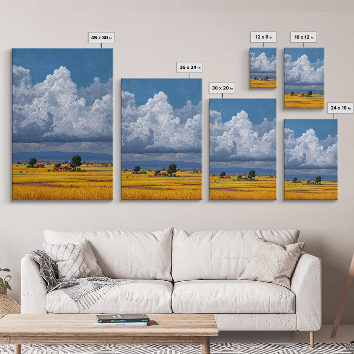 Sunlit African Farmland With Puffy White Clouds Wall Art, Landscape Canvas Print, Rustic Decor, Housewarming Gift For Her