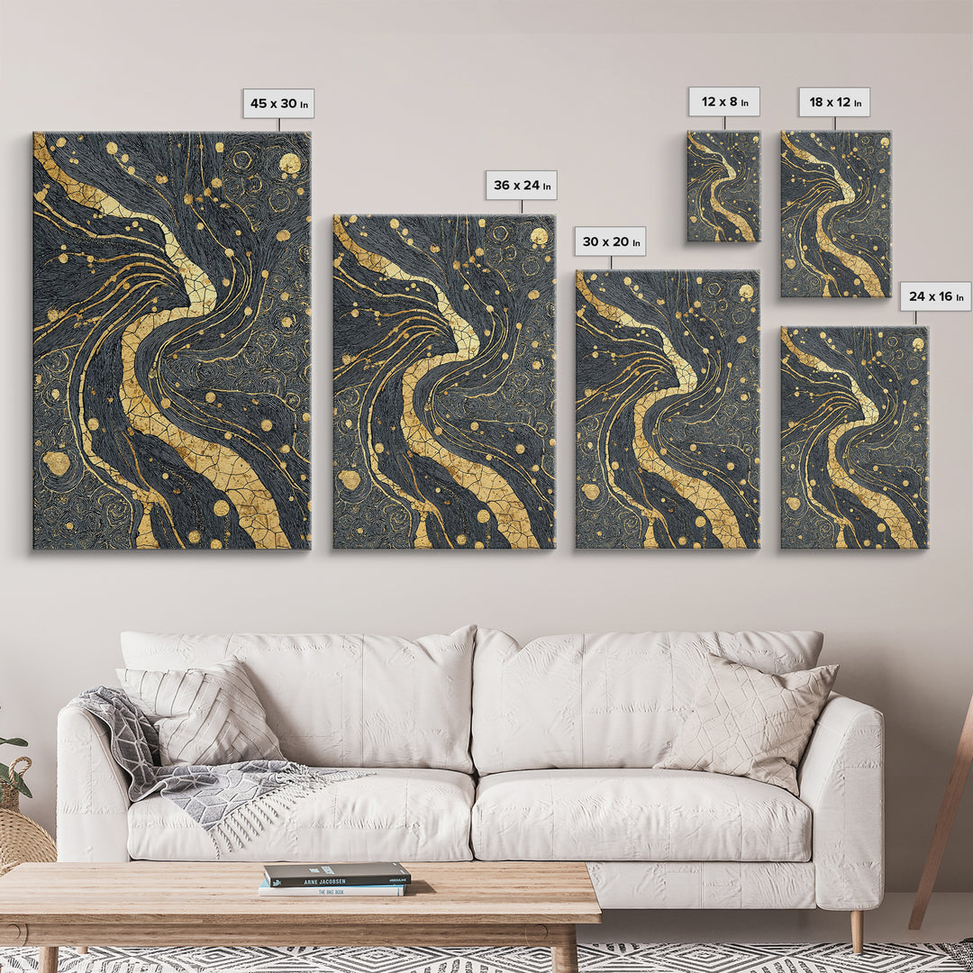 Black And Gold Abstract River Of Stars Statement Wall Art, Luxury Canvas Print, Geometric Decor, Elegant Modern Home Decor Gift