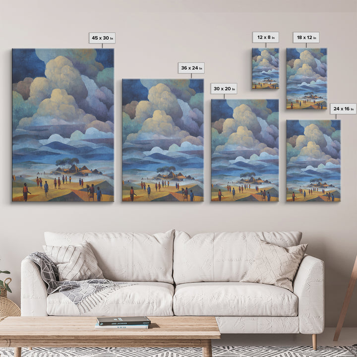 African Village Beneath Blue Storm Clouds Framed Canvas Print, Landscape Wall Decor, Cultural Home Decor, Afrocentric Art