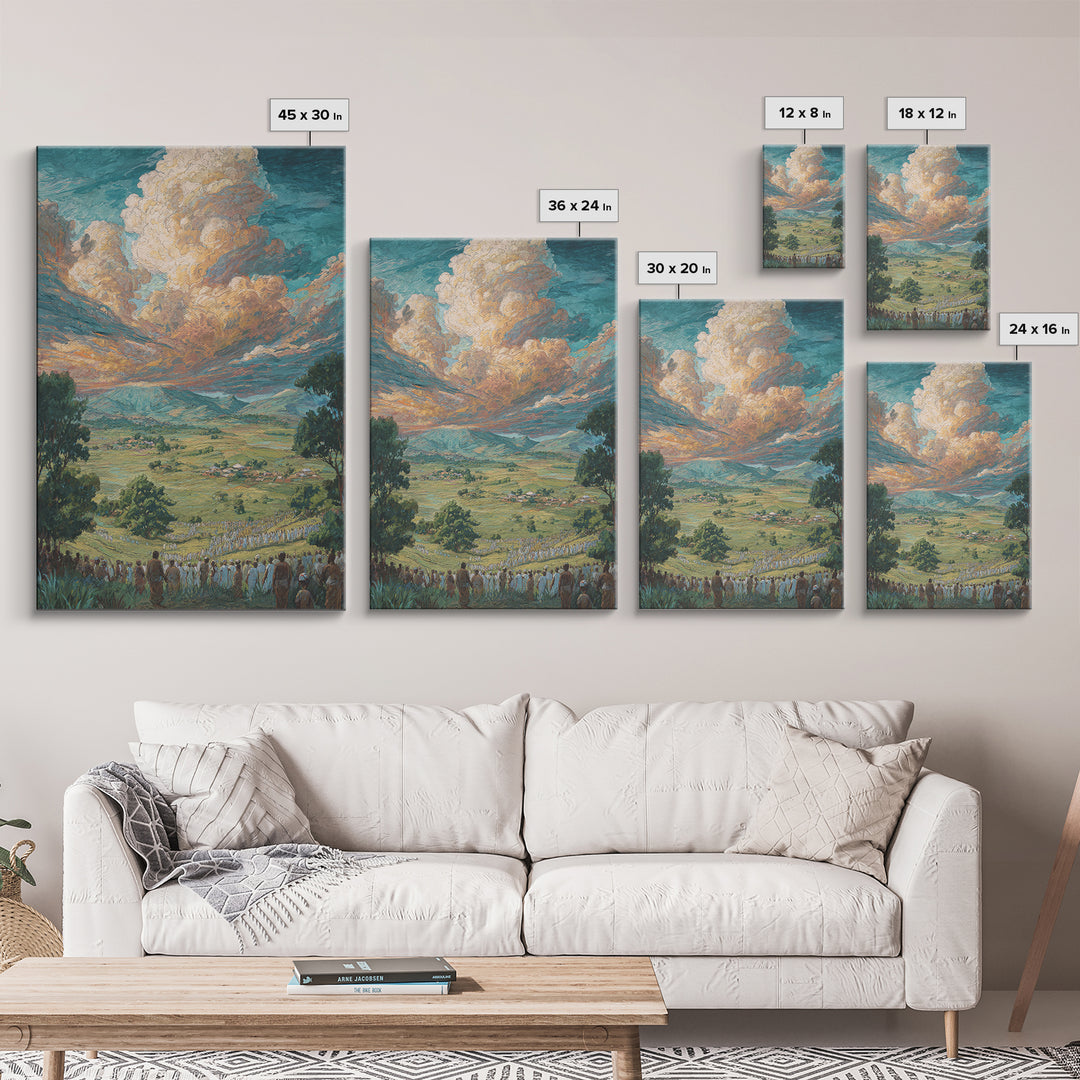 African Valley Procession Under Radiant Clouds Canvas Print, Panoramic Landscape Wall Decor, Safari Art, Cultural Gift For Home