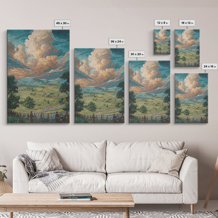 African Valley Procession Under Radiant Clouds Canvas Print, Panoramic Landscape Wall Decor, Safari Art, Cultural Gift For Home